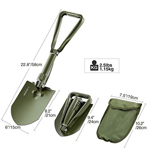 REDCAMP Military Folding Camping Shovel，High Carbon Steel Entrenching Tool Tri-fold Handle Shovel with Cover，Green 2.5lbs