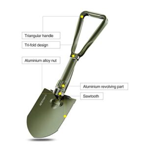 REDCAMP Military Folding Camping Shovel，High Carbon Steel Entrenching Tool Tri-fold Handle Shovel with Cover，Green 2.5lbs