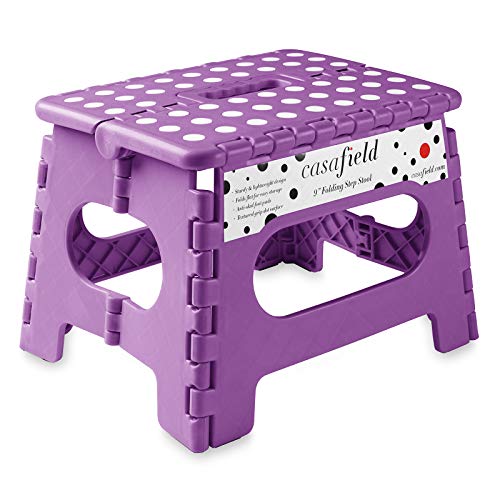 Casafield 9" Folding Step Stool with Handle, Purple - Portable Collapsible Small Plastic Foot Stool for Kids and Adults - Use in The Kitchen, Bathroom and Bedroom