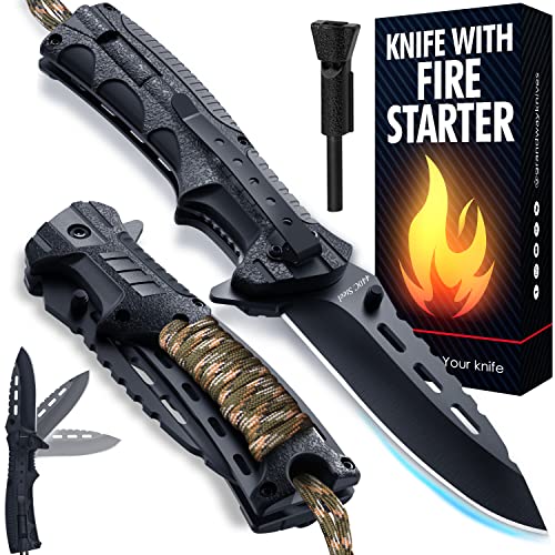 Grand Way Pocket Knife - Tactical Folding Knife - Spring Assisted Knife with Fire Starter Paracord Handle - Best EDC Survival Hiking Hunting Camping Knife - Knife with Firestarter and Whistle 6772