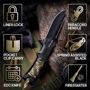 Grand Way Pocket Knife - Tactical Folding Knife - Spring Assisted Knife with Fire Starter Paracord Handle - Best EDC Survival Hiking Hunting Camping Knife - Knife with Firestarter and Whistle 6772