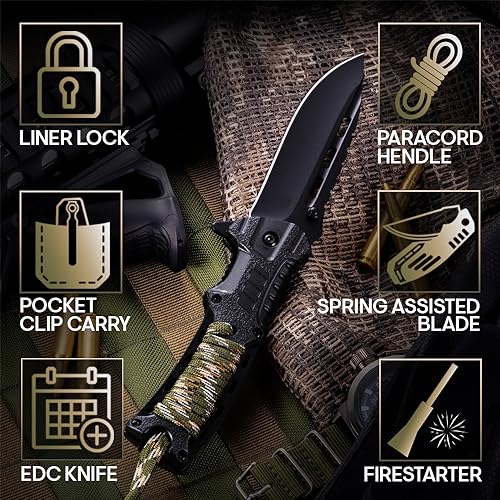 Grand Way Pocket Knife - Tactical Folding Knife - Spring Assisted Knife with Fire Starter Paracord Handle - Best EDC Survival Hiking Hunting Camping Knife - Knife with Firestarter and Whistle 6772