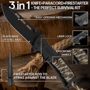 Grand Way Pocket Knife - Tactical Folding Knife - Spring Assisted Knife with Fire Starter Paracord Handle - Best EDC Survival Hiking Hunting Camping Knife - Knife with Firestarter and Whistle 6772