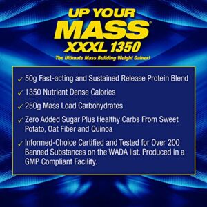 Maximum Human Performance MHP UYM XXXL 1350 Mass Building Weight Gainer, Muscle Mass Gains, w/50g Protein, High Calories, 11g BCAAs, Leucine, Cookies & Cream, 8 Servings, 6lb