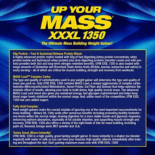 Maximum Human Performance MHP UYM XXXL 1350 Mass Building Weight Gainer, Muscle Mass Gains, w/50g Protein, High Calories, 11g BCAAs, Leucine, Cookies & Cream, 8 Servings, 6lb