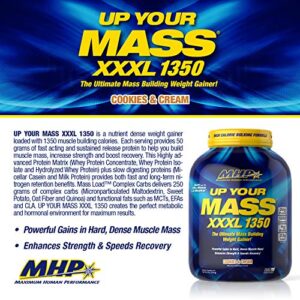 Maximum Human Performance MHP UYM XXXL 1350 Mass Building Weight Gainer, Muscle Mass Gains, w/50g Protein, High Calories, 11g BCAAs, Leucine, Cookies & Cream, 8 Servings, 6lb