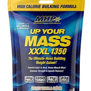 Maximum Human Performance MHP UYM XXXL 1350 Mass Building Weight Gainer, Muscle Mass Gains, w/50g Protein, High Calories, 11g BCAAs, Leucine, French Vanilla Creme, 16 Servings