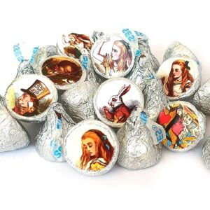 alice in wonderland labels for hershey's kisses chocolates by adore by nat - candy stickers party favors - set of 240