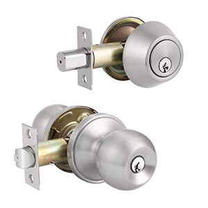 knobonly all keyed same, front door handleset with single cylinder deadbolt in satin nickel finish, keyed alike for every set
