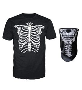 glow in the dark skeleton t-shirt with face skull mask bandana balaclava neck gaiter halloween costume for men, women, adults