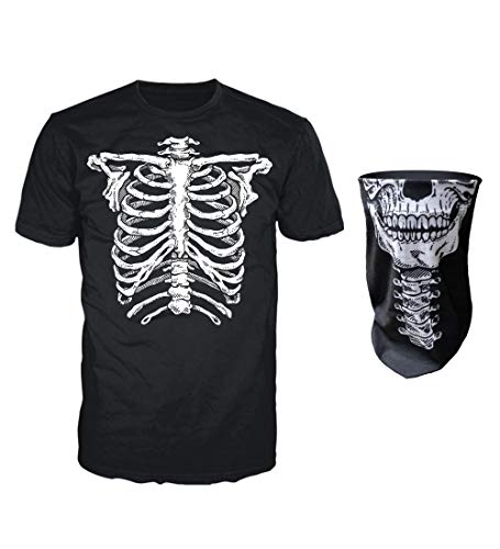 Glow in The Dark Skeleton T-Shirt with Face Skull Mask Bandana Balaclava Neck Gaiter Halloween Costume for Men, Women, Adults