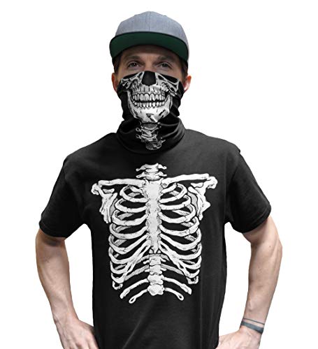 Glow in The Dark Skeleton T-Shirt with Face Skull Mask Bandana Balaclava Neck Gaiter Halloween Costume for Men, Women, Adults