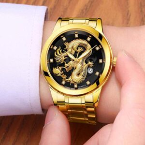 Udaney Mens Golden Dragon Watches Quartz Business Wristwatch Stainless Steel Strap Gifts for Father Husband