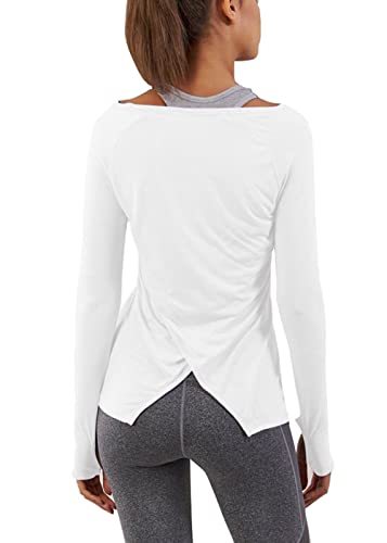 Bestisun Womens Long Sleeve Yoga Tops Workout Shirts Yoga Clothes Tunic Workout Tops with Thumb Hole White M