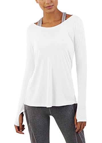 Bestisun Womens Long Sleeve Yoga Tops Workout Shirts Yoga Clothes Tunic Workout Tops with Thumb Hole White M