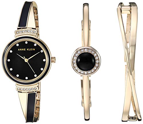 Anne Klein Women's AK/3292BKST Premium Crystal Accented Gold-Tone and Black Watch and Bangle Set