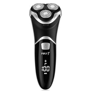 max-t men's electric shaver - corded and cordless rechargeable 3d rotary shaver razor for men with pop-up sideburn trimmer wet and dry painless 100-240v black