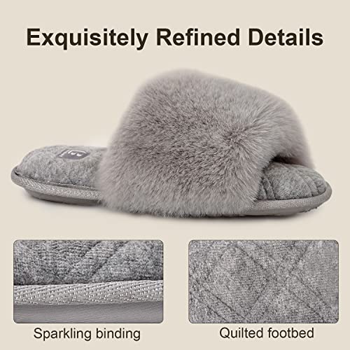 LongBay Women's Fuzzy Faux Fur Memory Foam Cozy Flat Spa Slide Slippers Comfy Open Toe Slip On House Shoes Sandals (Medium / 7-8, Gray)