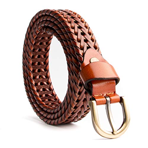 ECHAIN Women Braided Woven Genuine Leather Narrow Belt 25mm Wide (Brown, waist:29-34)