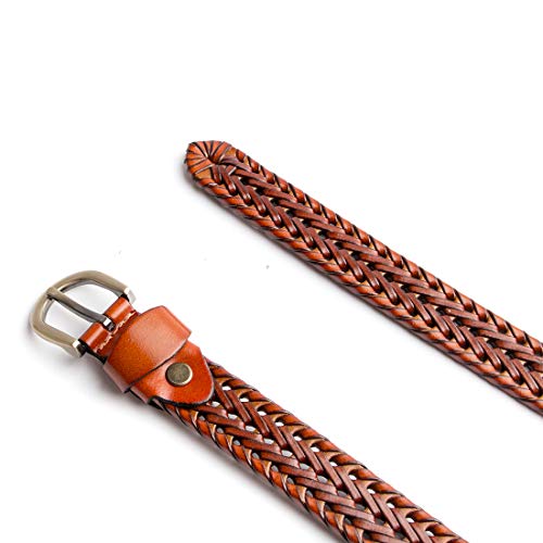 ECHAIN Women Braided Woven Genuine Leather Narrow Belt 25mm Wide (Brown, waist:29-34)