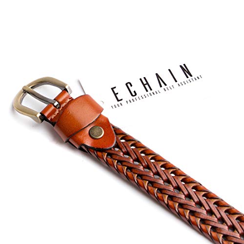 ECHAIN Women Braided Woven Genuine Leather Narrow Belt 25mm Wide (Brown, waist:29-34)