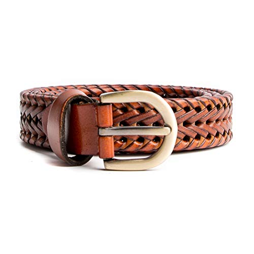 ECHAIN Women Braided Woven Genuine Leather Narrow Belt 25mm Wide (Brown, waist:29-34)