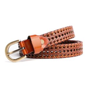 ECHAIN Women Braided Woven Genuine Leather Narrow Belt 25mm Wide (Brown, waist:29-34)