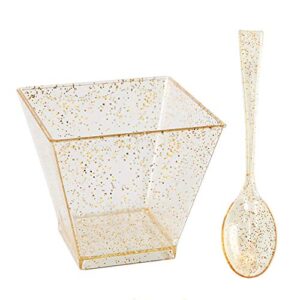 i00000 200 pieces small plastic dessert cups with mini spoons gold glitter, premium quality, includes disposable square cups 2 oz and 100 pieces gold spoons