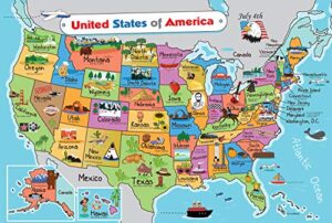 kids united states map | wall poster 13" x 19" us map premium paper | 50 usa states w/slogans & images - laminated