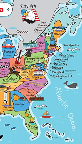 Kids United States Map | Wall Poster 13" x 19" US Map Premium Paper | 50 USA States w/Slogans & Images - Laminated