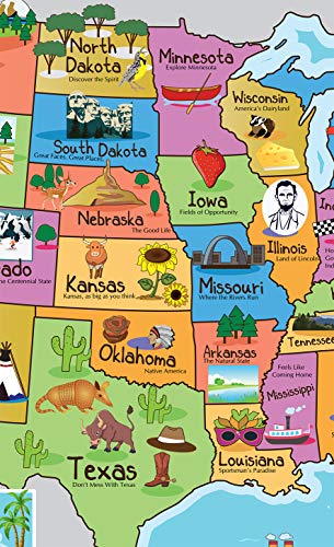 Kids United States Map | Wall Poster 13" x 19" US Map Premium Paper | 50 USA States w/Slogans & Images - Laminated