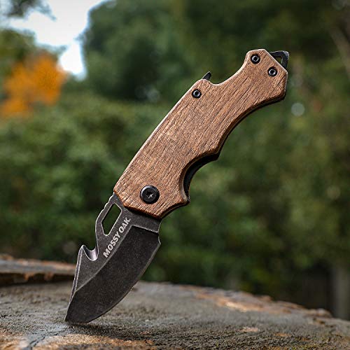 Mossy Oak Mini Folding Pocket Knife, Stainless Steel Drop Point Blade - EDC Multi-tool with Bottle Opener and Glass Breaker（Wood）