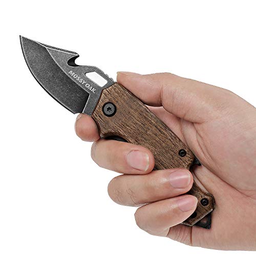 Mossy Oak Mini Folding Pocket Knife, Stainless Steel Drop Point Blade - EDC Multi-tool with Bottle Opener and Glass Breaker（Wood）