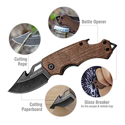 Mossy Oak Mini Folding Pocket Knife, Stainless Steel Drop Point Blade - EDC Multi-tool with Bottle Opener and Glass Breaker（Wood）