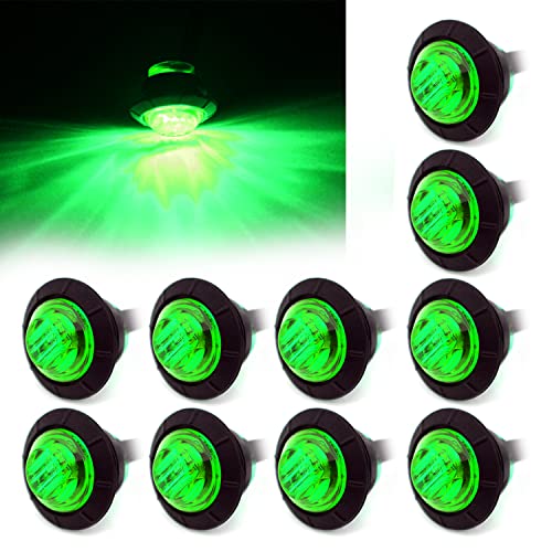 FXC 10x 3/4" Round LED Clearence Light Front Rear Side Marker Indicators Light for Truck Car Bus Trailer Van Caravan Boat, Taillight Brake Stop Lamp (Green, 12V)