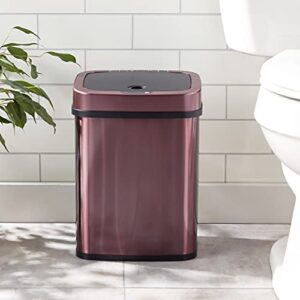 Ninestars Bedroom or Bathroom Automatic Touchless Infrared Motion Sensor Trash Can, 3 Gal 12L, Stainless Steel Base (Rectangular, Burgundy/Black Lid)