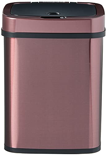 Ninestars Bedroom or Bathroom Automatic Touchless Infrared Motion Sensor Trash Can, 3 Gal 12L, Stainless Steel Base (Rectangular, Burgundy/Black Lid)