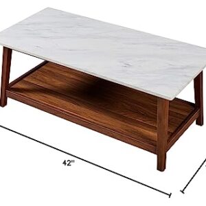 Teamson Home Kingston Coffee Table with Storage Space, 42" x 20" x 17", Faux Marble/Walnut