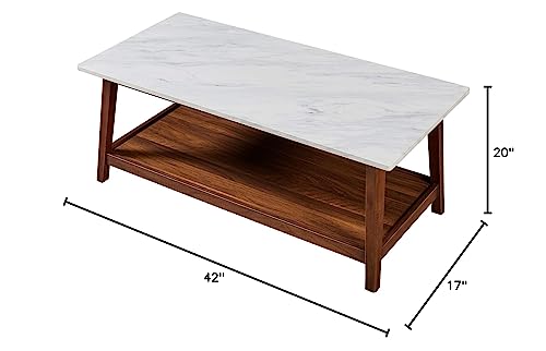 Teamson Home Kingston Coffee Table with Storage Space, 42" x 20" x 17", Faux Marble/Walnut