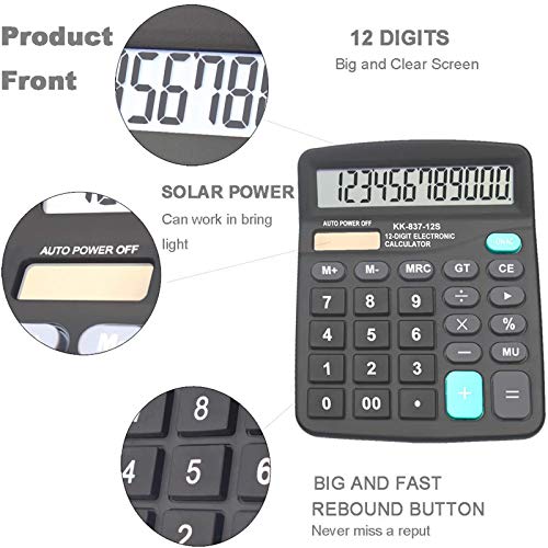 Calculators, BESTWYA 12-Digit Dual Power Handheld Desktop Calculator with Large LCD Display Big Sensitive Button (Black, Pack of 5)