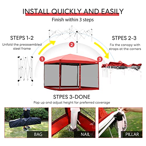 VIVOHOME 210d Oxford Easy Pop Up Canopy, 8x8 Outdoor Screen Tent with Mesh Mosquito Netting Side Walls for Camping Picnic Party Deck Yard Events,Red