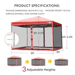 VIVOHOME 210d Oxford Easy Pop Up Canopy, 8x8 Outdoor Screen Tent with Mesh Mosquito Netting Side Walls for Camping Picnic Party Deck Yard Events,Red