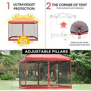 VIVOHOME 210d Oxford Easy Pop Up Canopy, 8x8 Outdoor Screen Tent with Mesh Mosquito Netting Side Walls for Camping Picnic Party Deck Yard Events,Red