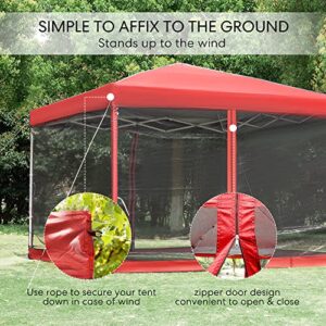 VIVOHOME 210d Oxford Easy Pop Up Canopy, 8x8 Outdoor Screen Tent with Mesh Mosquito Netting Side Walls for Camping Picnic Party Deck Yard Events,Red