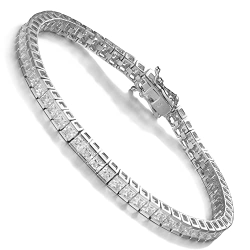 SHKA 925 Sterling Silver Princess Square Cut Tennis Bracelet 18K Women’s Bracelet CZ Bracelets Bridal bracelet with 3x3mm Sparking Cubic Zirconia Stone (Blatinum 6.75 inch)