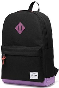 backpack for teen girls, vaschy unisex classic water resistant school backpack fits 15inch laptop (black purple)
