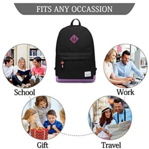 Backpack for Teen Girls, Vaschy Unisex Classic Water Resistant School Backpack Fits 15Inch Laptop (Black Purple)