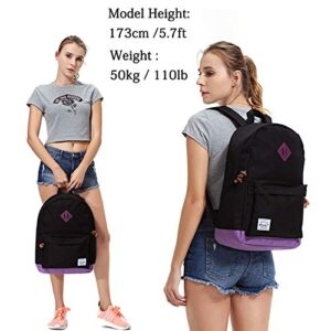 Backpack for Teen Girls, Vaschy Unisex Classic Water Resistant School Backpack Fits 15Inch Laptop (Black Purple)