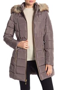 laundry by shelli segal women's 3/4 length windproof down coat with cinched waist, warm taupe, extra large
