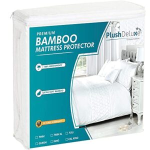 plushdeluxe premium bamboo mattress protector – queen size, waterproof, & ultra soft breathable noiseless washable bed mattress cover for comfort & protection - white